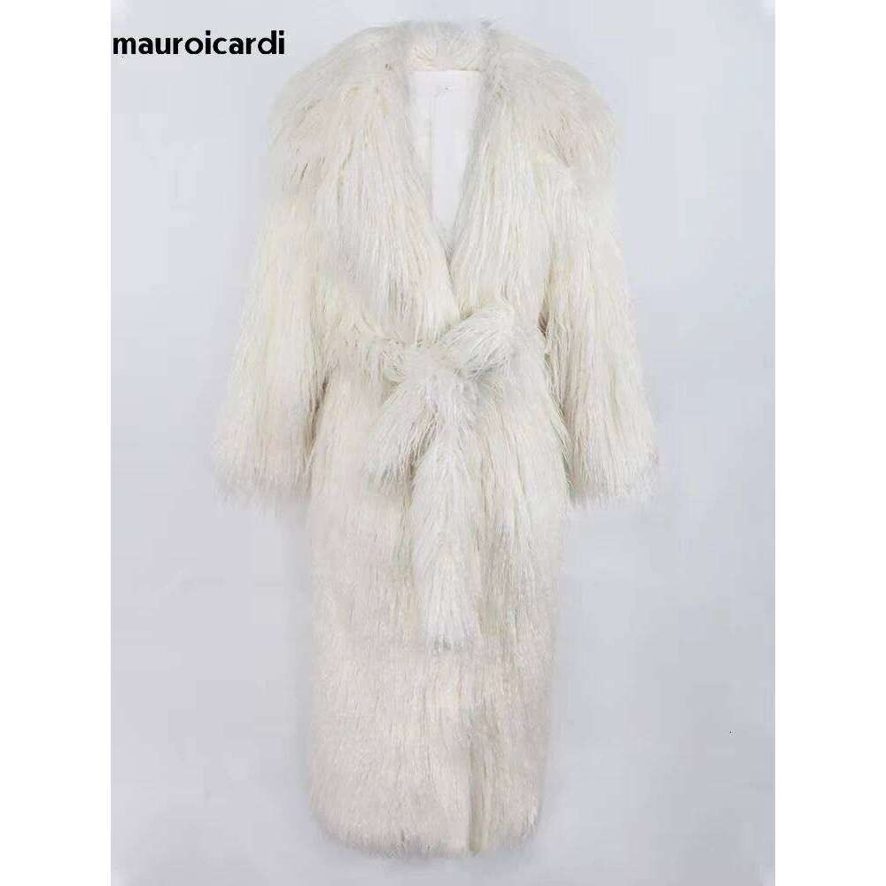 Mauroicardi Winter Long Thick Warm Shaggy Hairy Fluffy Faux Mongolian Fur Coat Women Sashes Elegant Chic Furry Overcoat