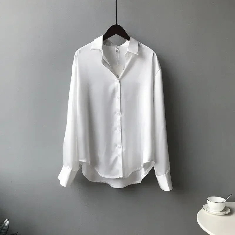 Silk Korean Office Ladies Elegant Shirt Blouse Women tops Fashion Button Up Satin Shirt Long Sleeve Shirts Tops Femme camisas 250616
