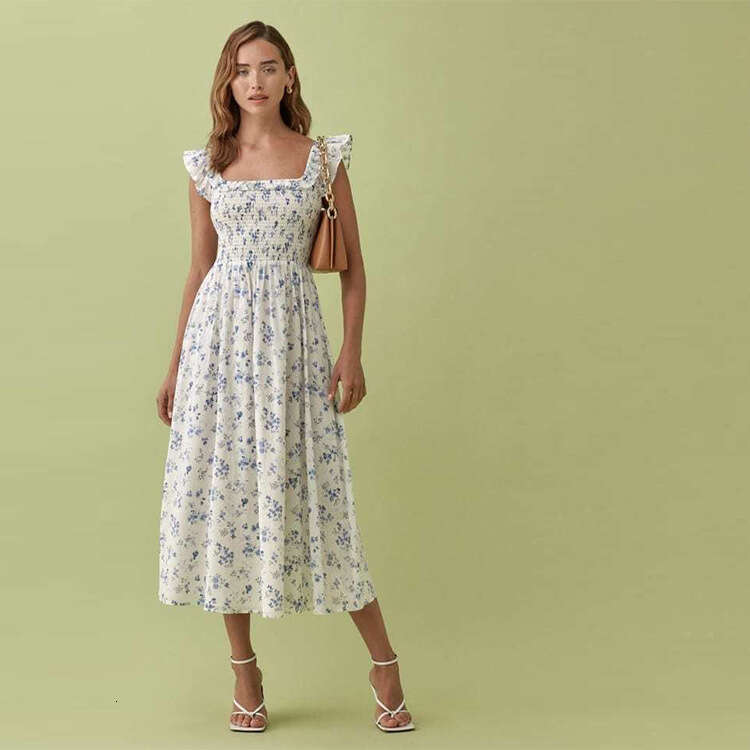 Undefined Dresses for Woman Elegant Calf N668 Summer 2025 Floral Square Neck Stretch Slim Fit Pure Cotton Small Flutter Sleeve Mid-length Dress for Wo