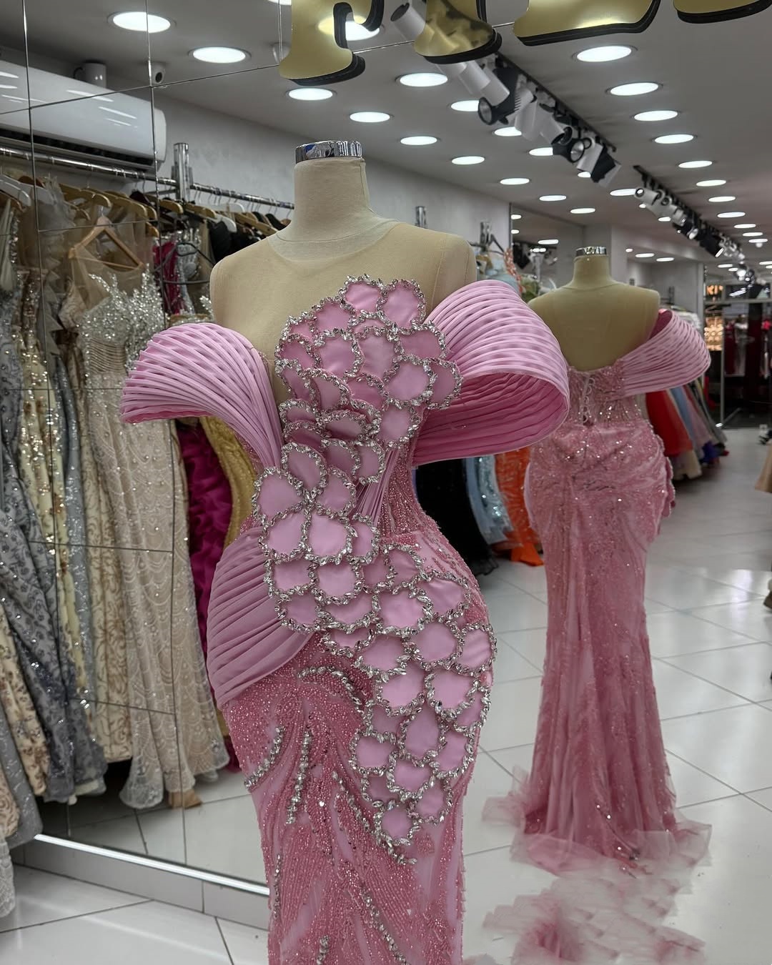 Pink Mermaid Prom Dresses African Beading Off Shoulder Evening Gowns Rhinestone Birthday Party Customized Special Occasion Dress