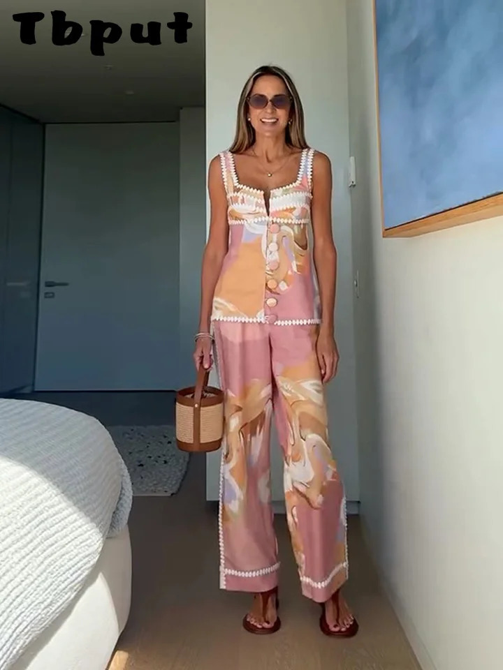 Womens Spliced Sling Trouser Suits Sleeveless Flower Printed Fashion Lady Sets 2025 Summer Elegant Female Street Outfits 250616