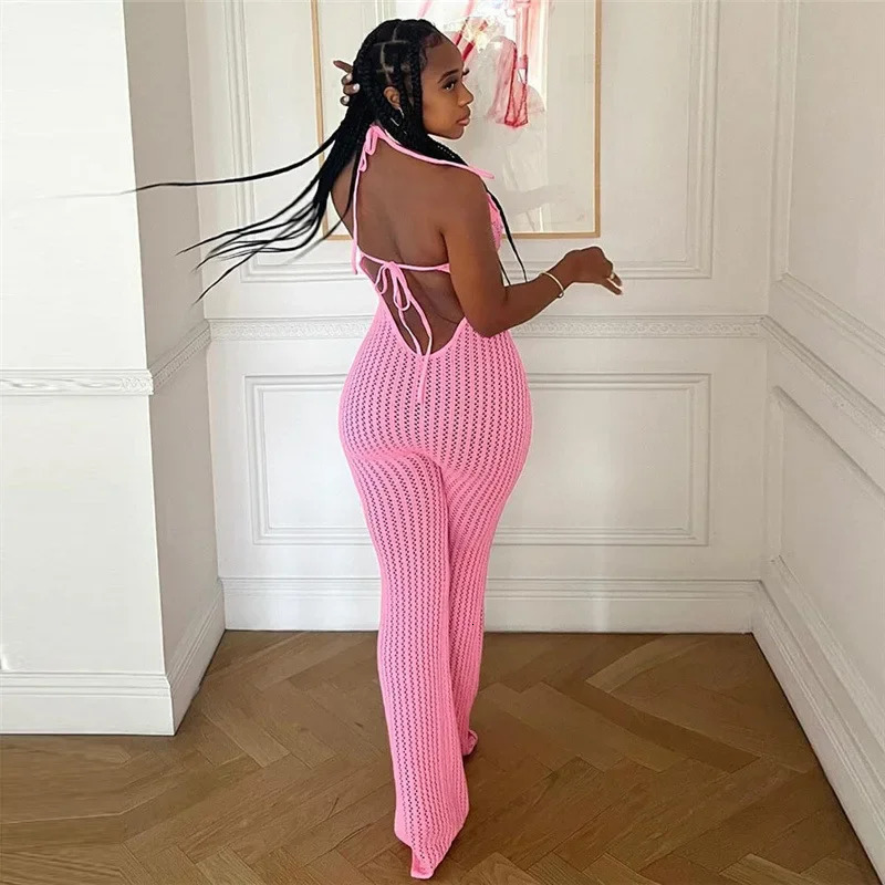 Leosoxs Knitted Halter Lace-Up Backless Jumpsuit Women Flower Applique Sleeveless Skinny Rompers Summer Vacation Beachwear 250617
