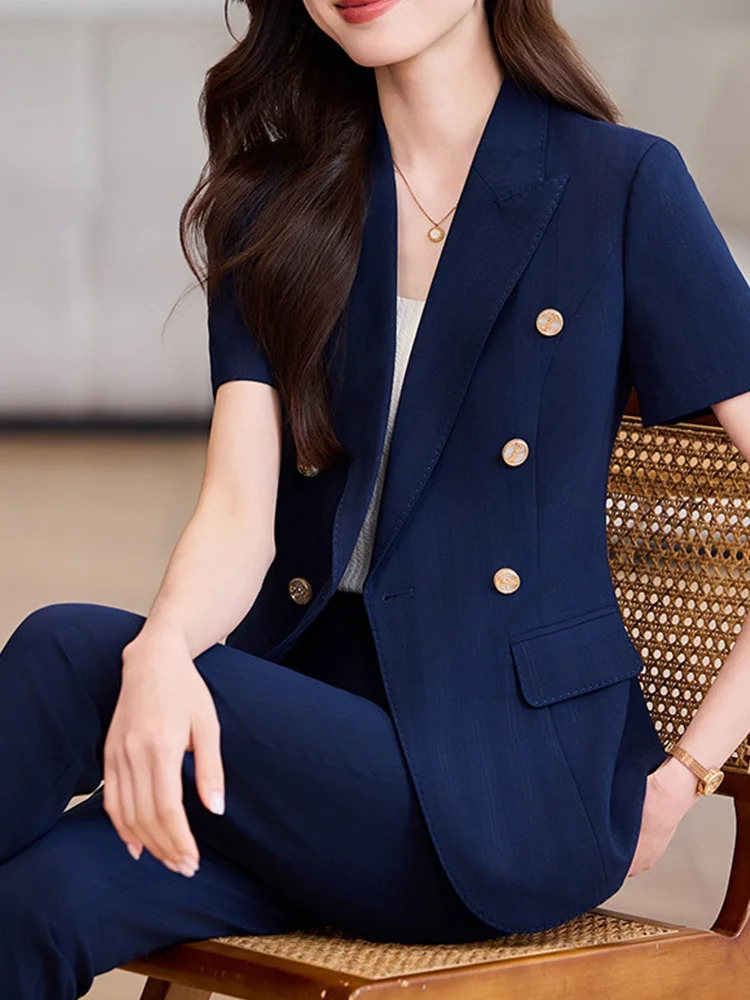 FMZXG All Season Fashion Blazer Women Office Casual Short Sleeve Suits Double Breasted Turn Down Collar Pant 250612
