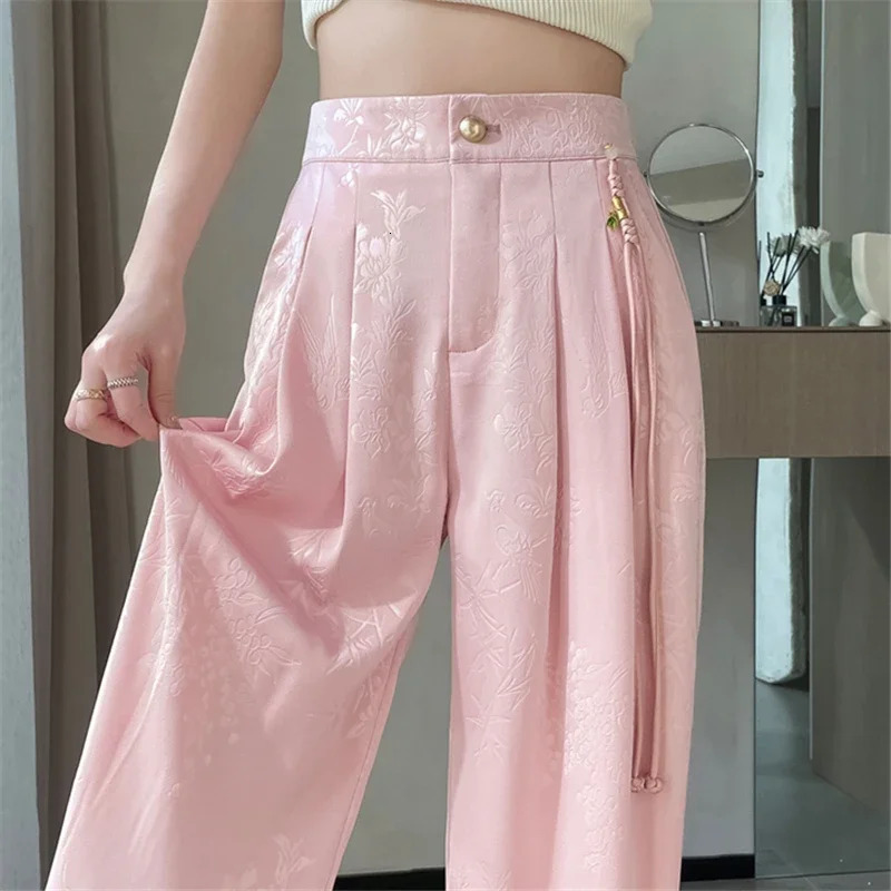 Chinese Style Jacquard Wide Leg Satin Pants for Women Elegant Solid Office Lady Womens Casual Loose Pants Female 250616