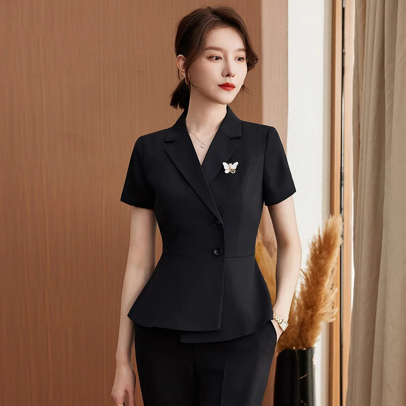 Summer Formal Black Blazer Women Pant Suits Short Sleeve Jacket Ladies Office Uniform Styles Work Wear Female Business Sets 250612