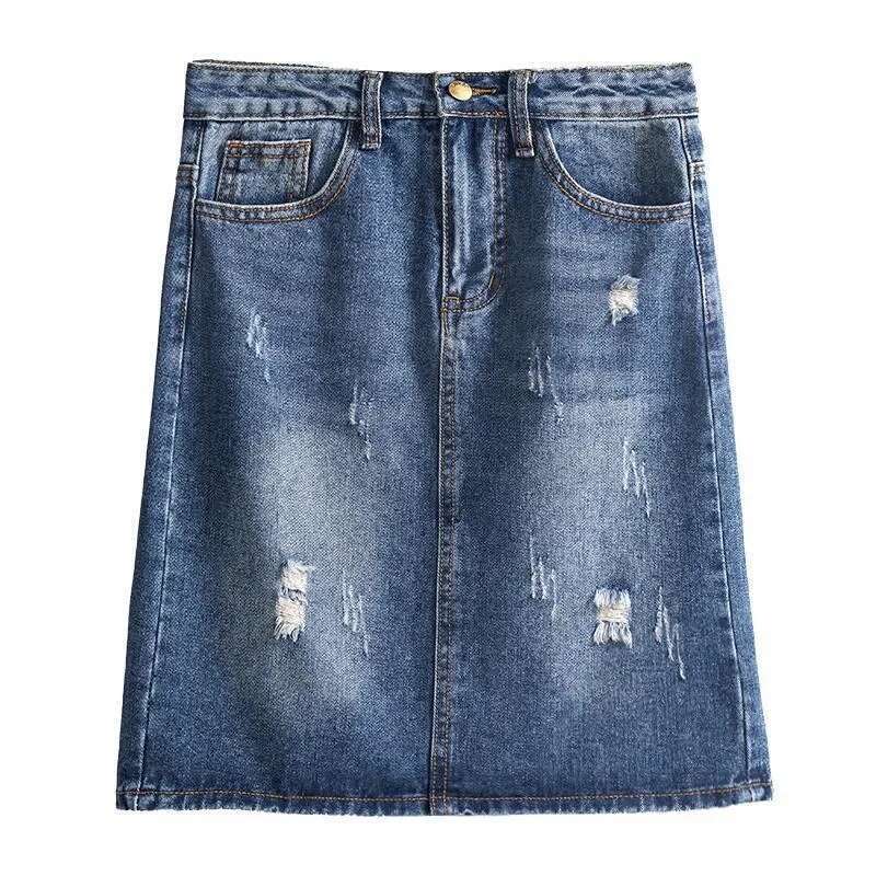 Womens Denim Skirt Zipper Blue with Pocket To Knees Length Chubby Ripped Midi Female Jeans Skirts New in Streetwear Aesthetic V
