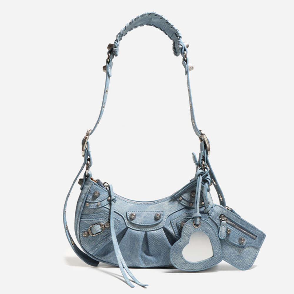 Genuine Leather Denim Blue Spicy Girl Motorcycle High Quality Underarm Crossbody Bag for Women with Tassels and Rivets