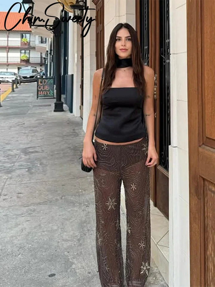 Fashion Beading See Through Women Pant Elastic Waist Wide Leg Brown Trousers Female 2025 Spring Summer Lady Loose Outwear 250616