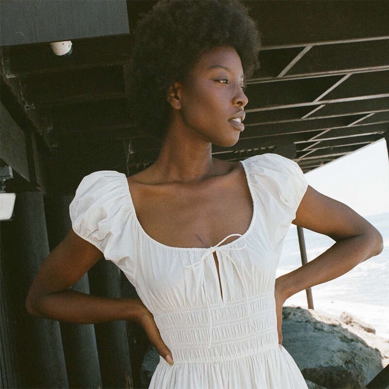 Bodysuit Calf Dress Designer Long Dress 710 Summer New 2025 Solid Color Square Neck Pure Cotton Vacation Waist-cinching Mid-length Dress French Style 