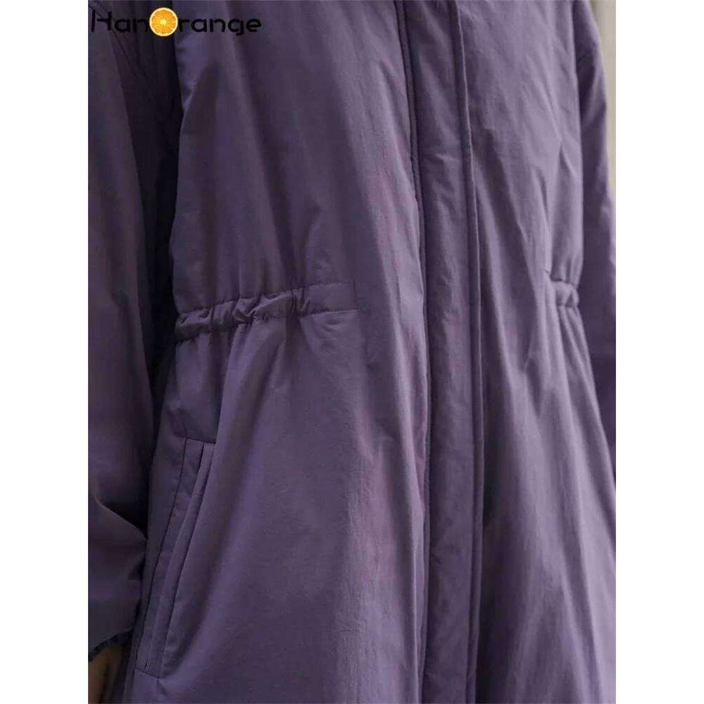 HanOrange 2024 Winter Casual Lazy Hooded Cotton-Padded Women Parkas Loose Fit Warm Zipper Long Coat Purple/Black