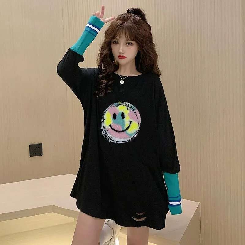 Top for Women Long Sleeve T Shirts Female New In Glitter Tall Fitted Pulovers Cool Clothes 90s Original Grunge Loose Xxl O Tees