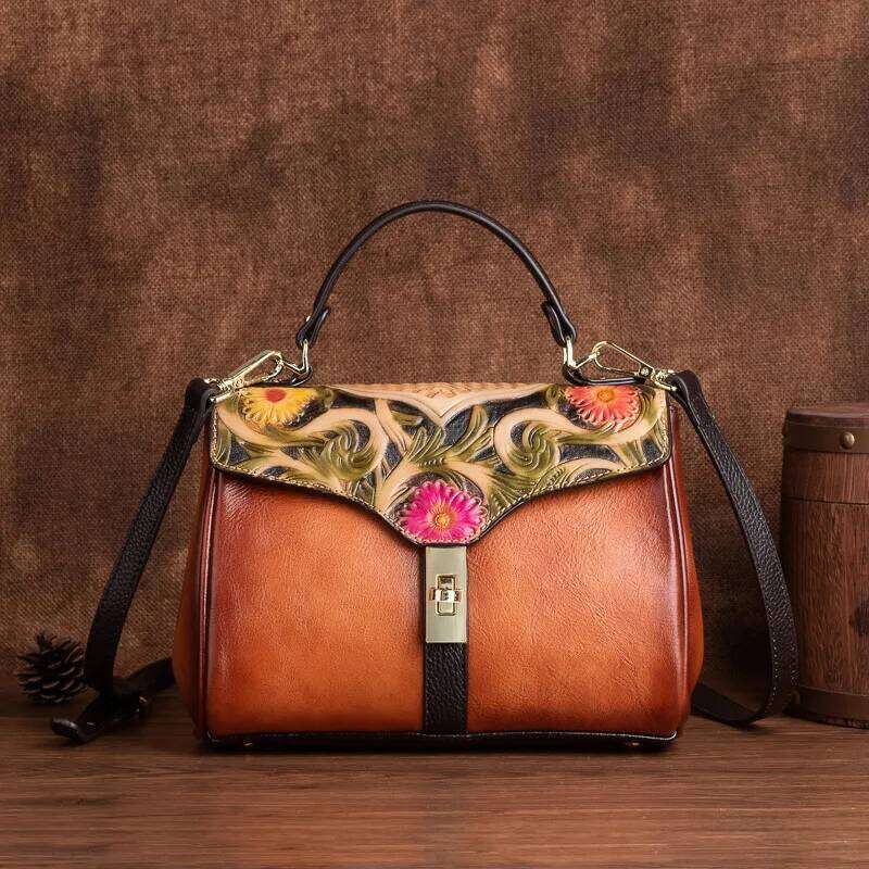 Vintage Genuine Handbag Woman First Layer Cow Leather Tote Bags 3D Floral Ladies Cowhide Shoulder Or Messenger Bag