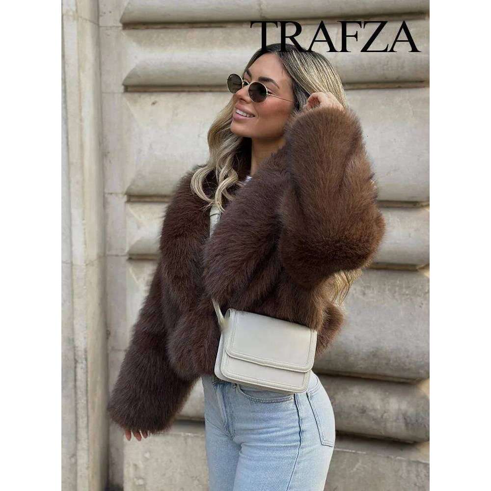 TRAFZA Woman Turn-Down Collar Loose Outerwear Women Elegant Solid Faux Fur Jackets Casual Long Sleeves For Warmth Winter Coat