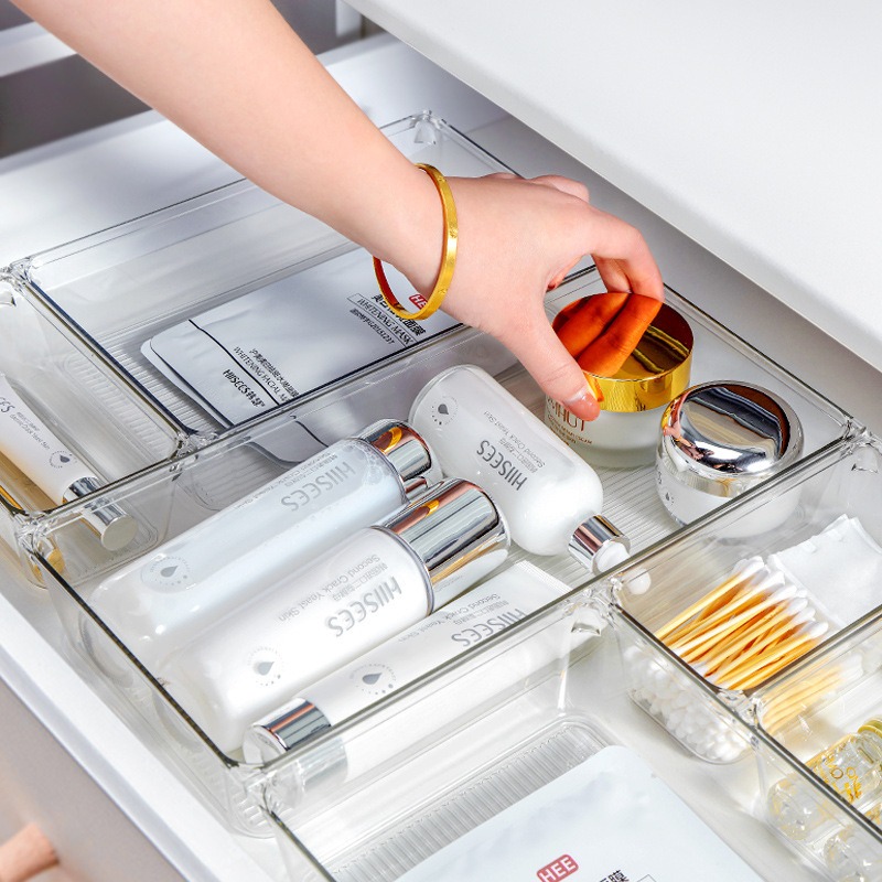 25-Piece Clear Plastic Drawer Organizers for Bathroom Vanity Makeup Stackable 4 Size Set with Adjustable Dividers Fits Kitchen Utensils/Office Supplie