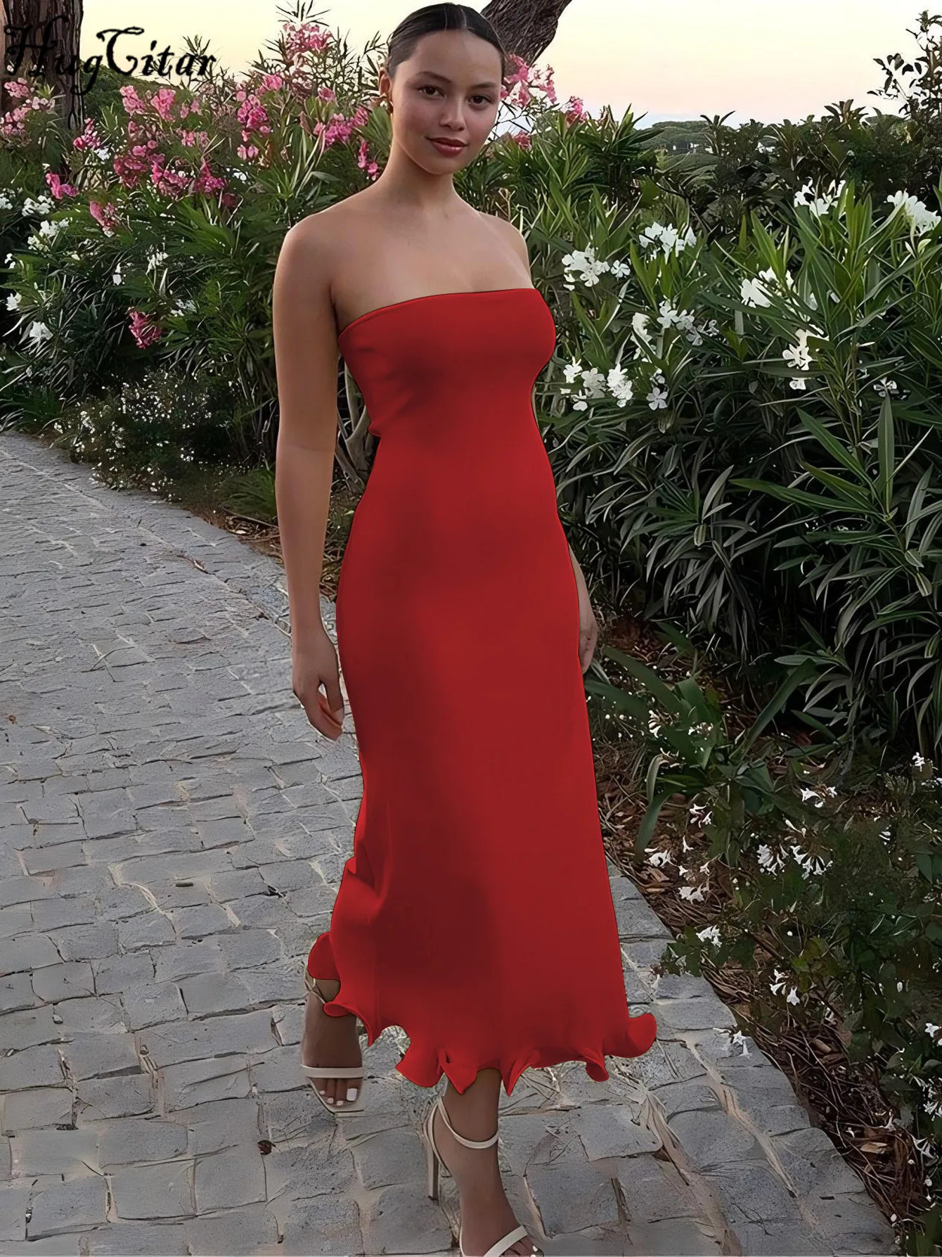 Hugcitar Elegant Solid Strapless Ruffles Sexy Bodycon Maxi Prom Dress Summer Women Fashion Outfit Birthday Party Festival 250616