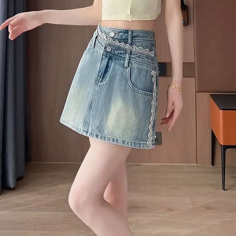 Vintage Lace Splicing Light Blue Jeans Skirts for Women Cheap Harajuku Y2k Modest Korean Style Premium Fashion Woman Denim Skirt