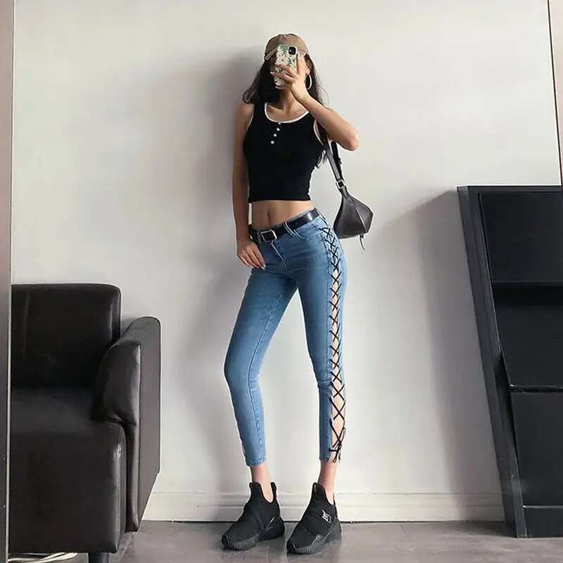 Womens Jeans Slim Fit Woman Pants Pipe and Capris Trousers Blue with Pockets Cropped Skinny Summer Denim Vintage Hippie A Basics