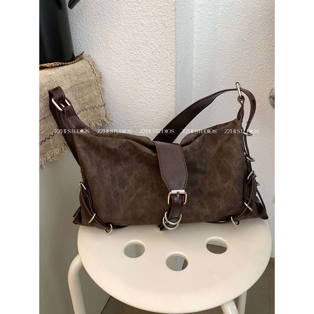 Studios Niche Design Brown Single Shoulder Underarm Motorcycle Bag Vintage Retro Style Hot Girl