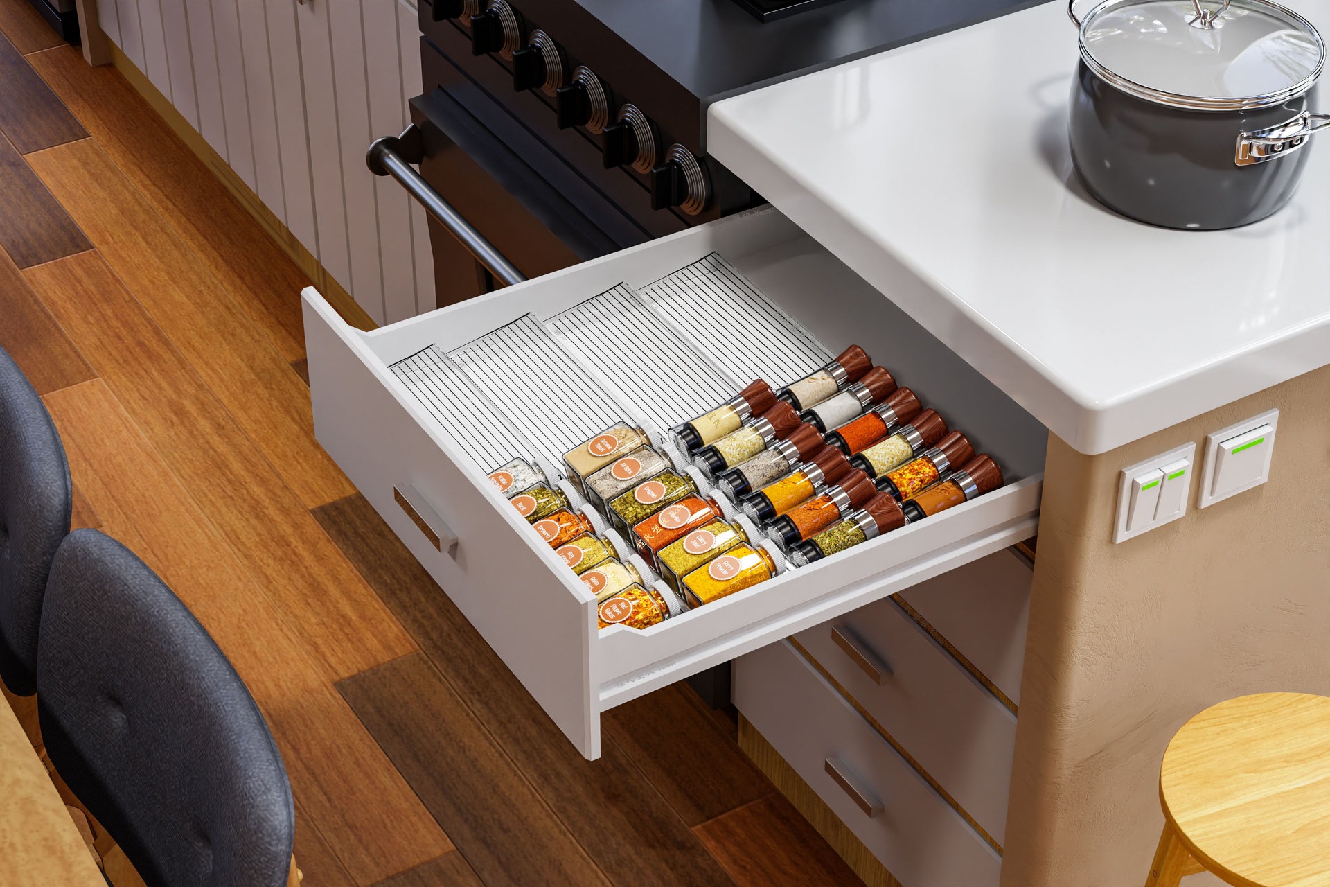 4-Tier Clear Acrylic Spice Drawer Organizer 4-Pack Expandable (11"-22") Rack for Seasoning Bottles Stackable Drawer Insert with Adjustable D