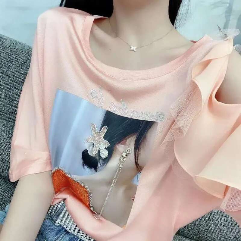 Tops Woman Rhinestone Graphic Off Shoulder Baggy Sexy T Shirt for Women Coquette Clothes Summer Outfit Glitter Sequin Emo Y2k