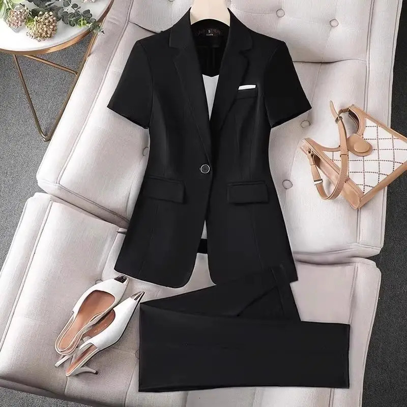 Womens Summer Casual Shortsleeved Blazers Jacket Pants 2 Piece Korean Elegant Thin Professional Suit Trousers Matching Set 250612