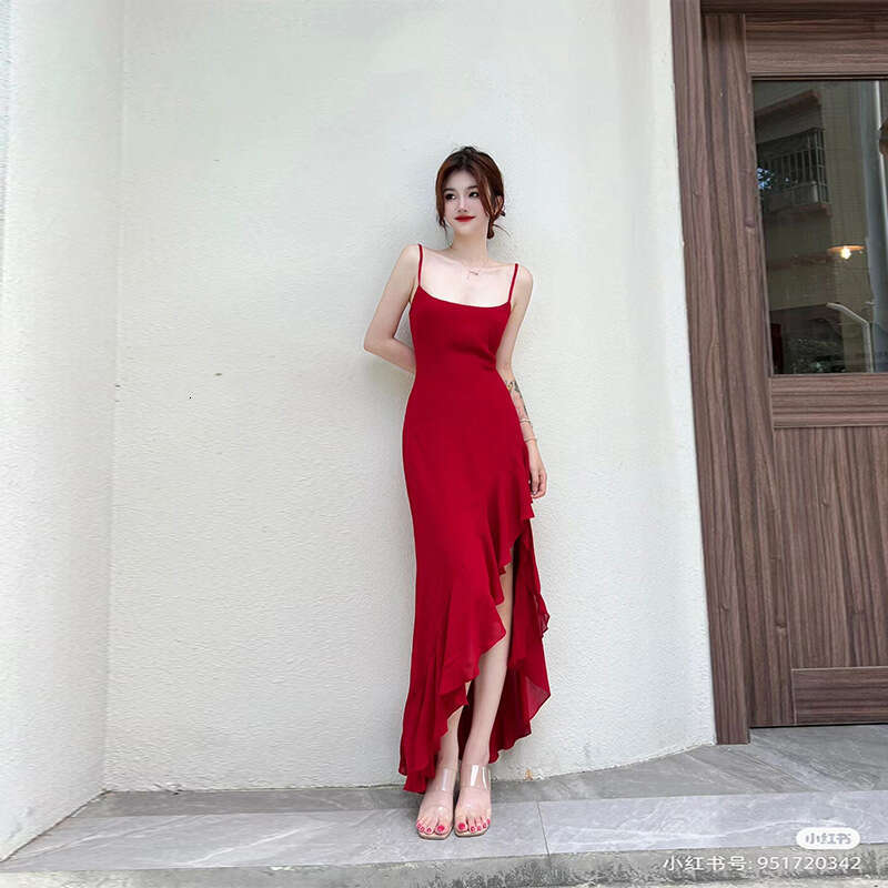 Clothes Women Designer Designer Dresses for Women Vestidos 705 Summer New 2025 Rayon Solid Color Square Neck Asymmetric Ruffle Mid-length Strap Dress