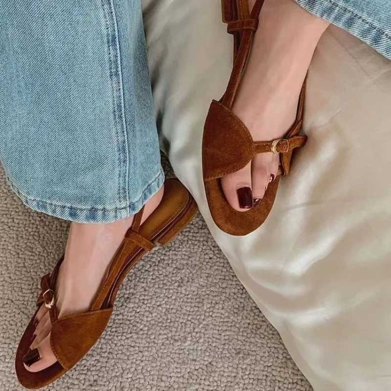 Womens Fashion Sandals New Summer Round Head Soft Frosted Open Toe Hollow Belt Flats Z250617