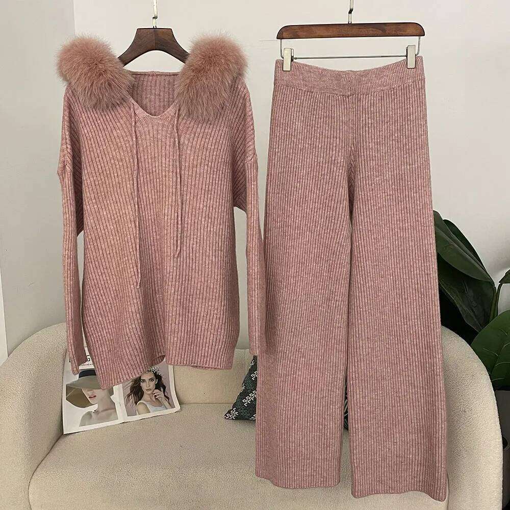 DEBAIFUR 2025 New Spring Woman Hooded Pullover Cashmere Splicing Natural Fox Fur Collar Outerwears Sweater Suit