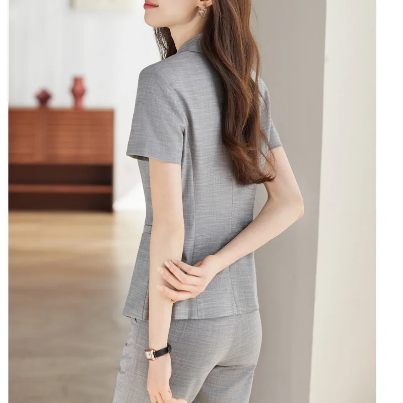 NAVIU Women Short Sleeve Suit Jacket Office Work Gray Blazer And Pants For Ladies Summer Slim Fit Formal Wear 250612