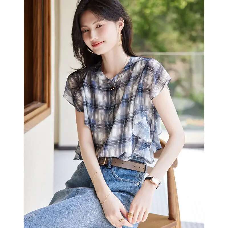 With Short Sleeve Woman Top Ruffle Shirts Blouses for Women Loose Print Frill Korean Popular Clothes New Collection 2025 M Xl