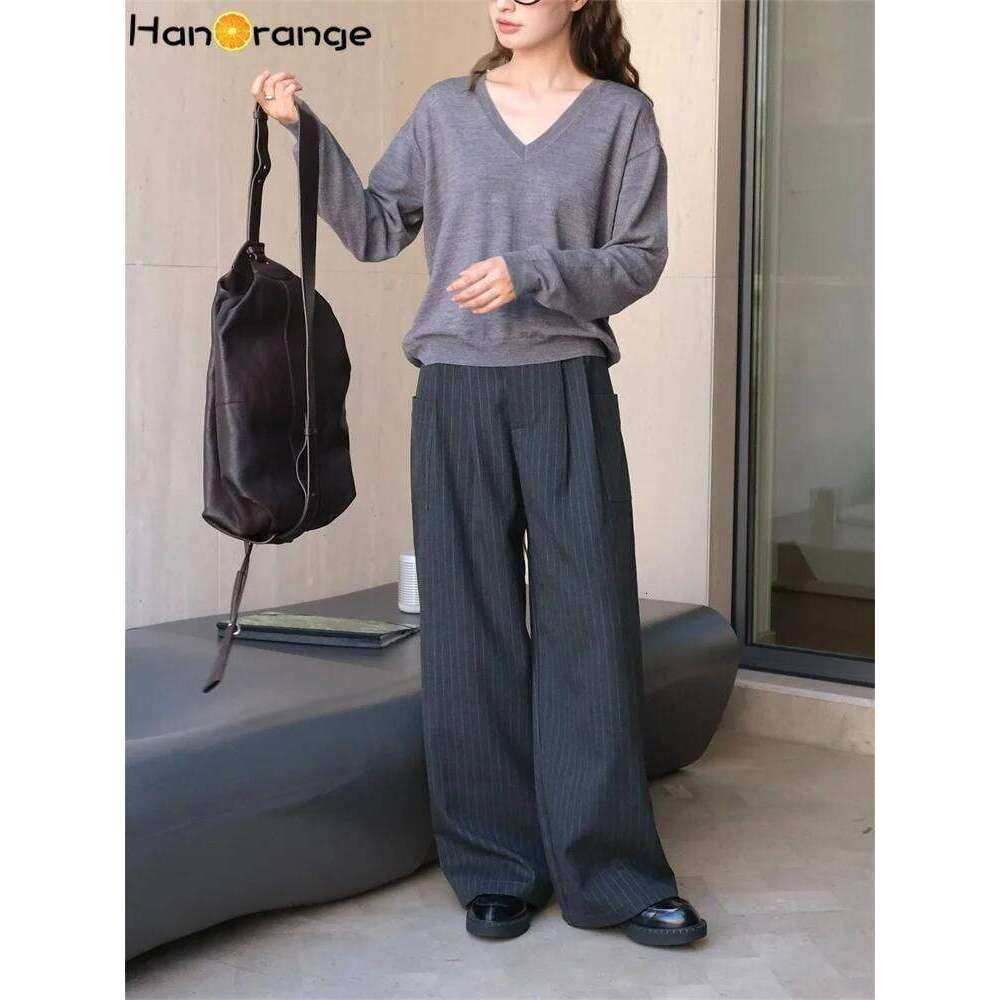HanOrange 2024 Autumn Lazy V-neck Woolen Knitted Sweater Women Smooth Soft Look Casual Top Light Green/Light Floral Gray