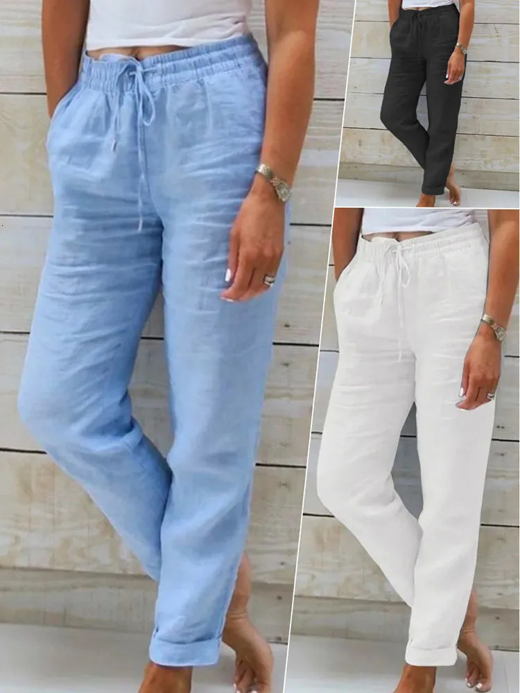 2025 Cotton Linen Summer Pants Women High Waist Elastic Casual Trousers Fashion Streetwear Breathable Female Loose Pencil Pants 250616
