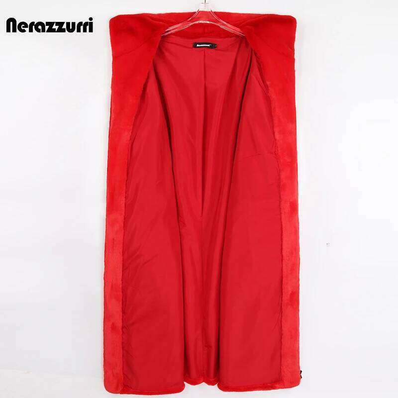 Nerazzurri Winter Long Oversized Red Warm Fluffy Faux Fur Coat Women Bat Sleeve Zipper Hood Loose Casual Korean Fashion 2021