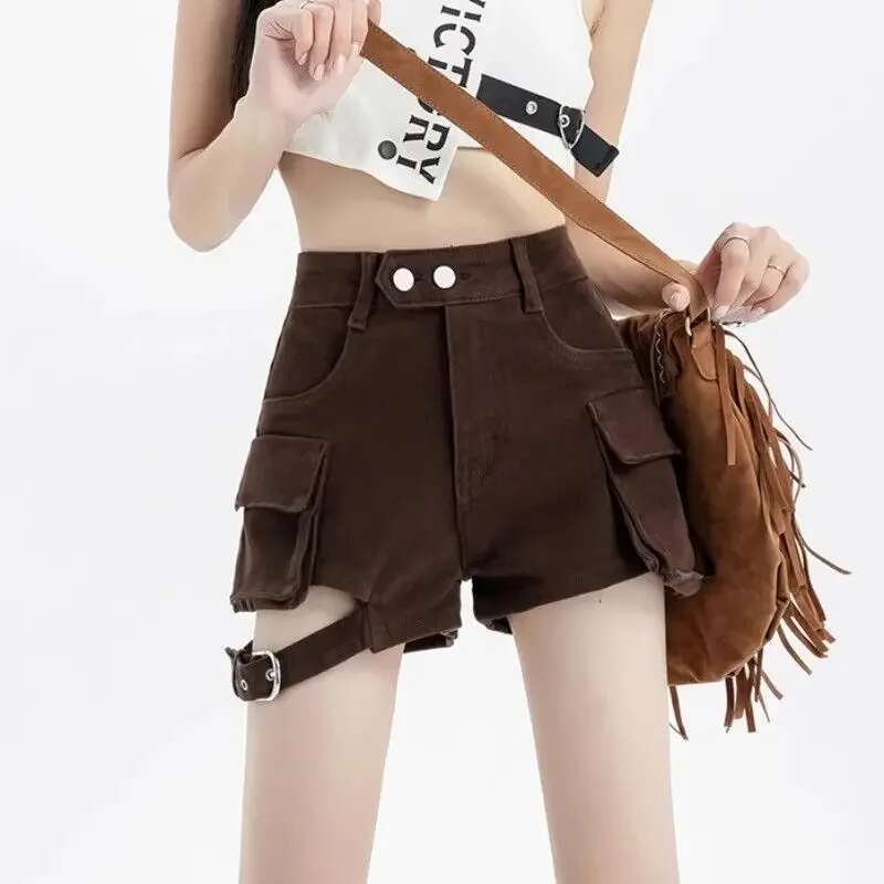 Outdoor Retro With Waist Pocket Denim Shorts for Women Stretchy Hot Harajuku Fashion Japanese 2000s Style Short Jean Pants Woman