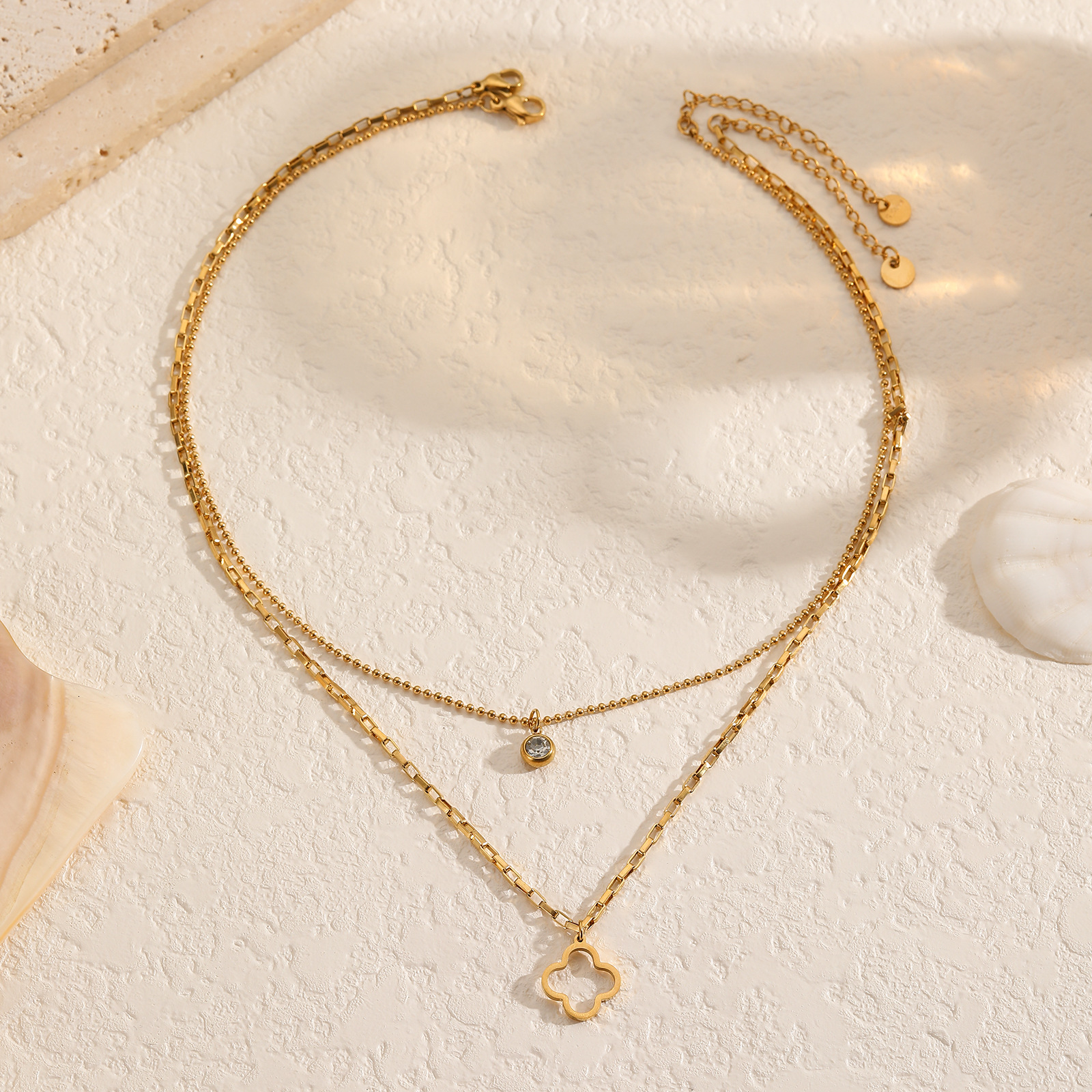 Double Layer Hollow Clover Titanium Steel Necklace for Women Multi-layer with Pendant