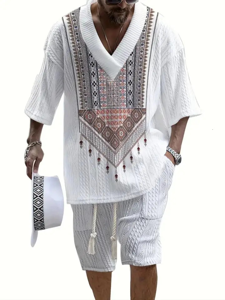 Mens Printed Casual Loose V Neck Textured Jacquard Fabric HalfSleevedT Shirtan dSh ortsTw oPieceSet Fas hionableSum merMen sSui tCom fortableand Tre n