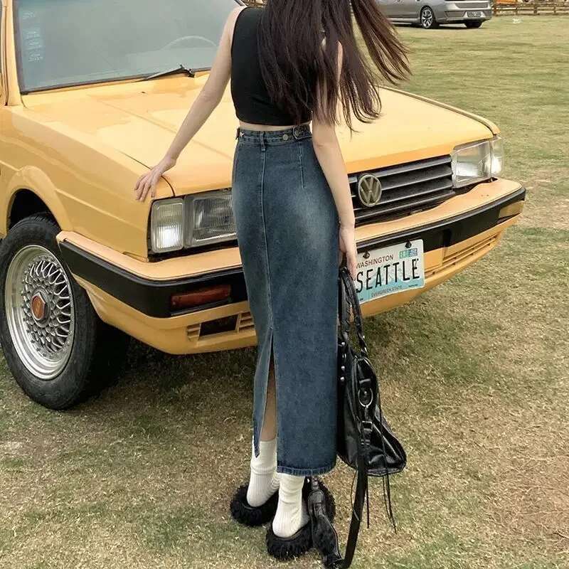 Korean Fashion With Slit Midi Woman Denim Skirt Chic and Elegant Harajuku A Line Luxury Cheap Premium Jeans Skirts for Women