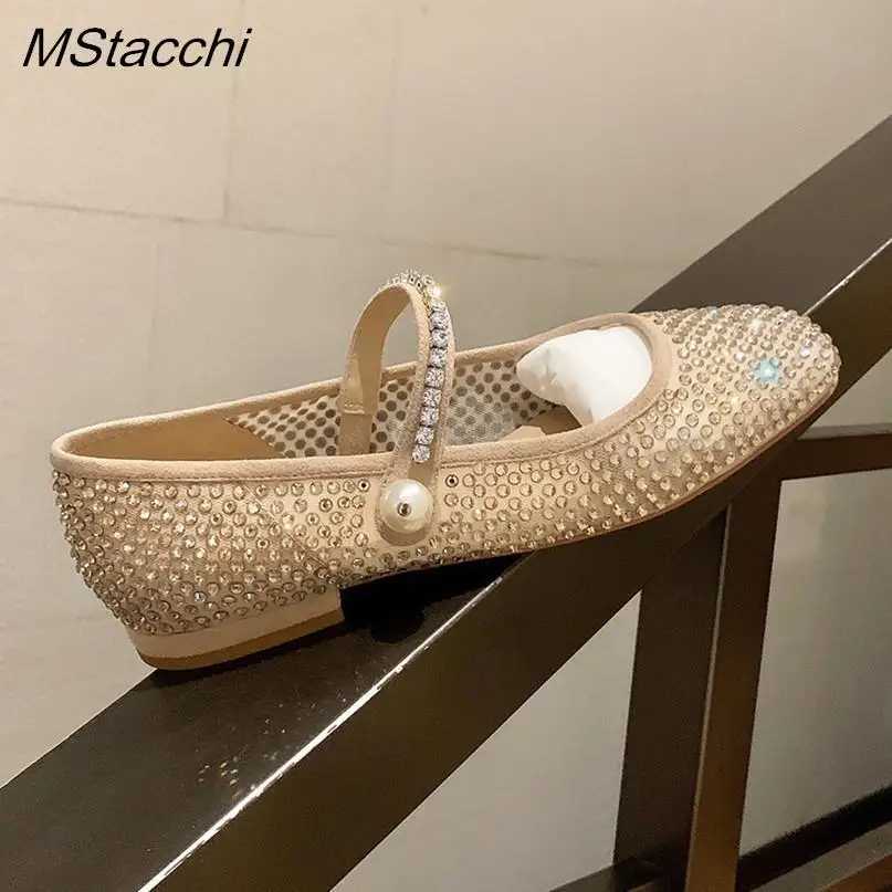 Mesh Crystal Pearl Flat Shoes Woman Square Toe Office Lady Shoes Big Size Mary Janes Shoes 2025 New Spring Single Shoes Z250617