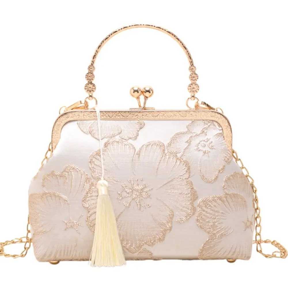 White Chinese Style Handbag High Quality Silk Fabric Chinese Style Tassel Shoulder Bag Elegant Womens Bag Z250617