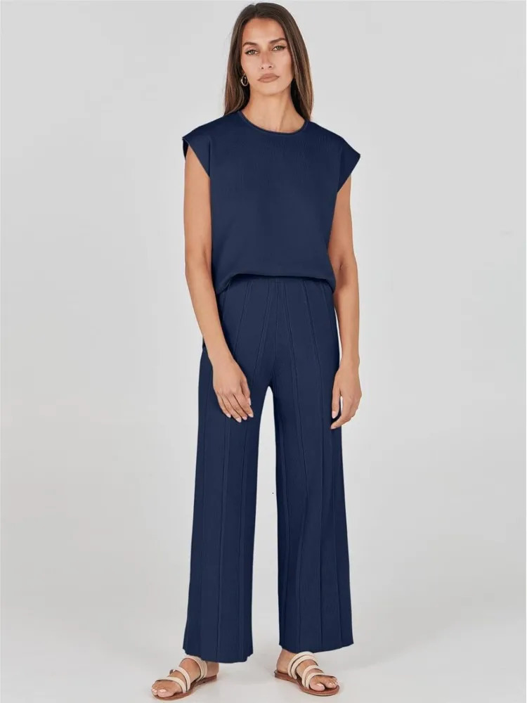 2 Piece Sets Women Outfit Sleeveless Casual T Shrit Top Knitted Vest Wide-leg Pants Ice Summer Solid Color Casual Outfit 250616