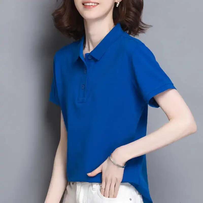 Woman T Shirt Slim White Button Polo Neck Women Cotton Plain Clothing Trend 2025 in On Offer Fashion Youth Y2k Korean Style