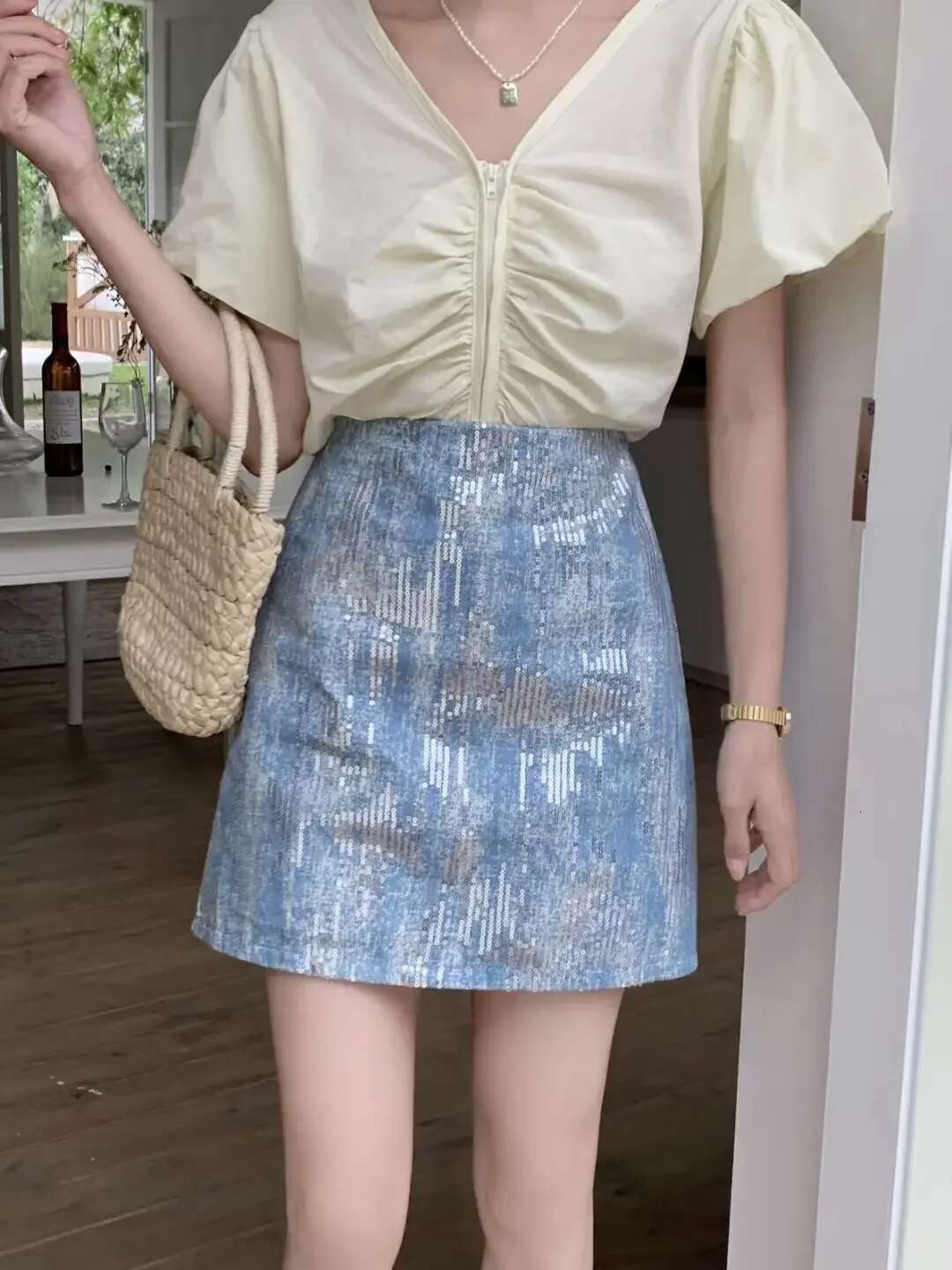 Summer Sequins High Waist Jeans Skirts for Women Y2k Vintage Korean Fashion Woman Denim Skirt New In Premium Cheap Streetwear