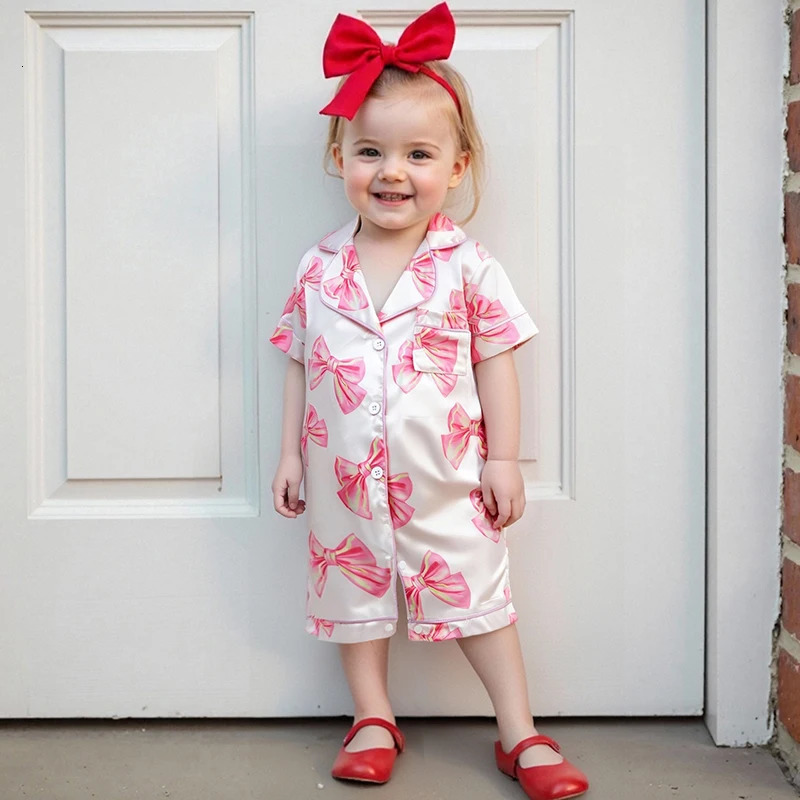 Baby Girl Bow Satin Pajama Short Sleeve Button-up Shorts Jumpsuit Cute Toddler Sleepwear 250617