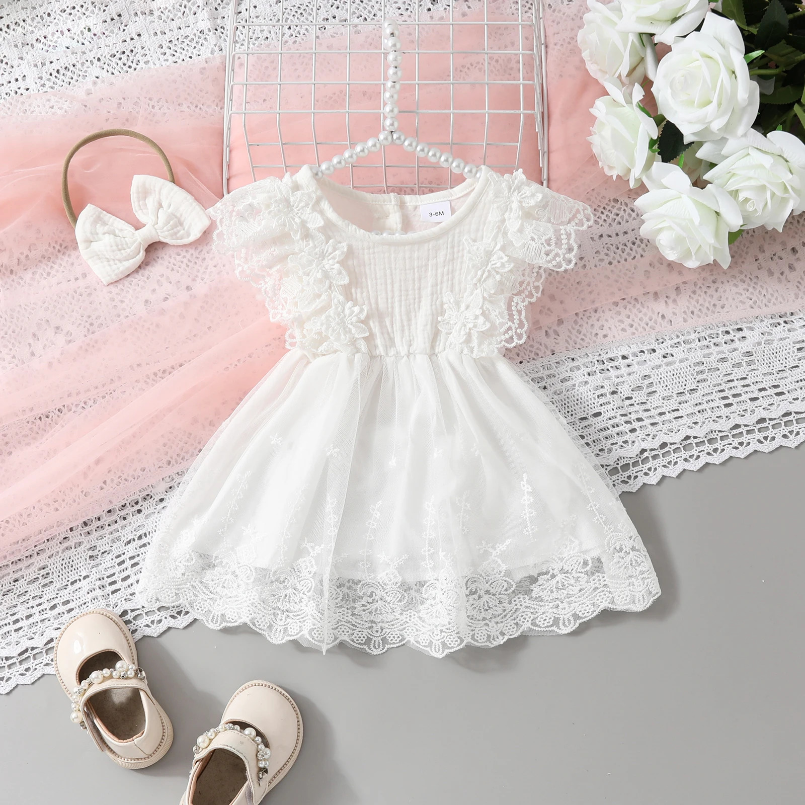 Infant Baby Girl Cotton Linen Baptism Dress with Headband Summer Birthday Party Short Sleeve Lace Flower Embroidery A-Line Dress 250617