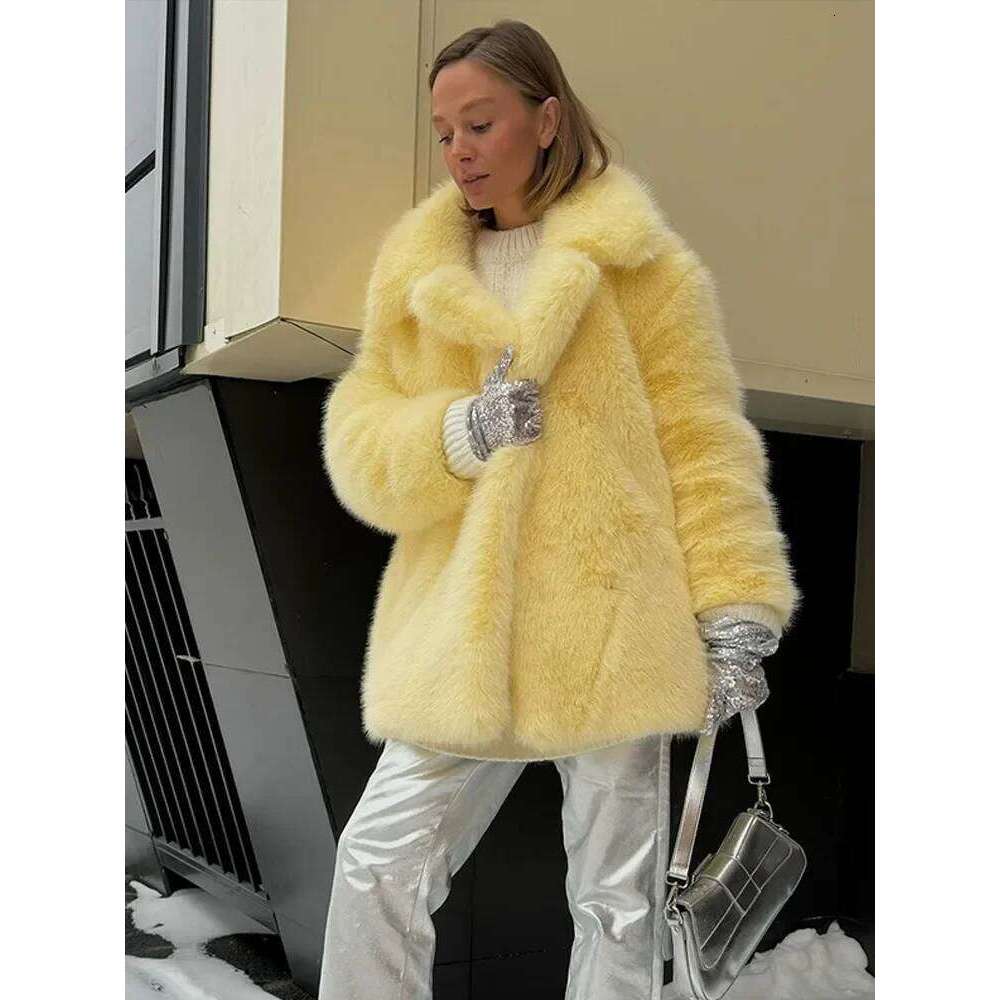 Thick Warm Women Coats Turn-down Collar Faux Fur Pocket Jackets Outwears 2024 Autumn Winter Soft Fluffy Ladies Overcoat
