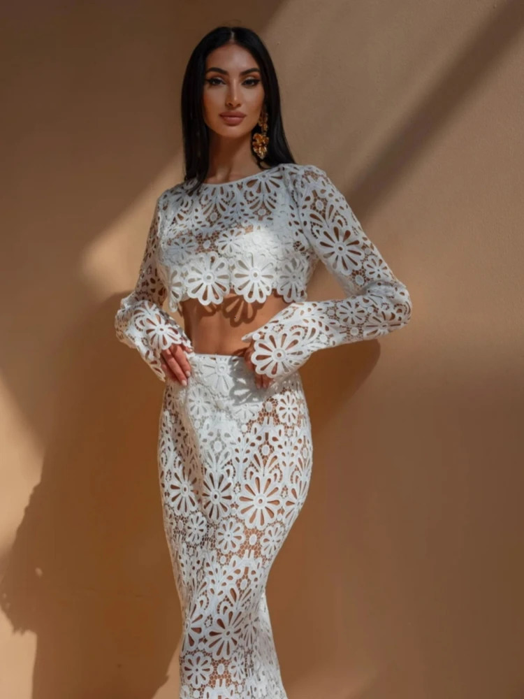 White Elegant Embroidery Hollow Out Beach Dresses Set Sexy See Though Crop Tops Long Skirts Women Sets Summer Women Outfits 250614