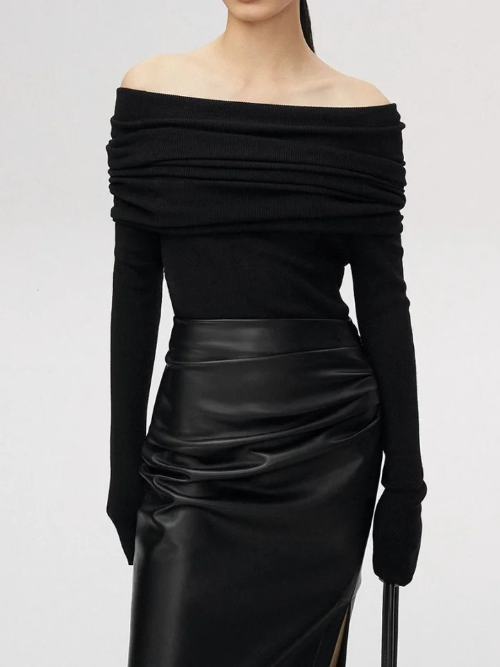 Slash Neck Sweater Women Tops Knitted Slim Basic All-match Sexy Elegant Off Shoulder Autumn Winter Long Sleeve Pullovers Female 250616