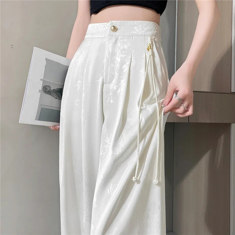 Chinese Style Jacquard Wide Leg Satin Pants for Women Elegant Solid Office Lady Womens Casual Loose Pants Female 250616
