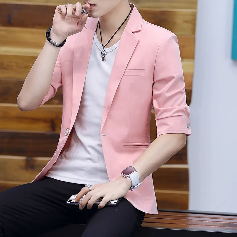 Summer 2025 Mens Mid-Sleeve Slim Fit Suit Korean Style Handsome Youth Seven-Quarter Jacket Small Suit Collection 250614