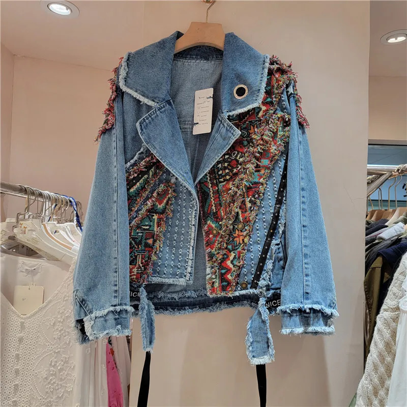 Women Spring Autumn Ethnic Geometry Floral Pattern Embroidered Suits Collar Denim Jacket Rivets Jeans Coat Cowboy Cardigan Tops 250613